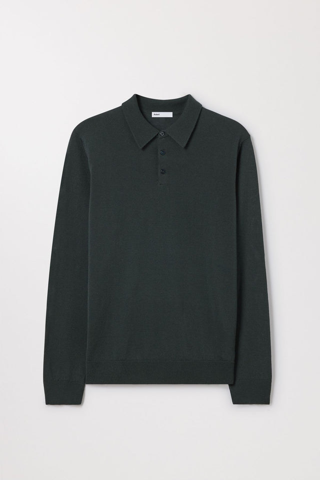 Dark Green Merino Wool Polo Buttoned Long Sleeve Asket