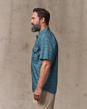 Washed Short Sleeve Feather Cloth Shirt - Blue Print