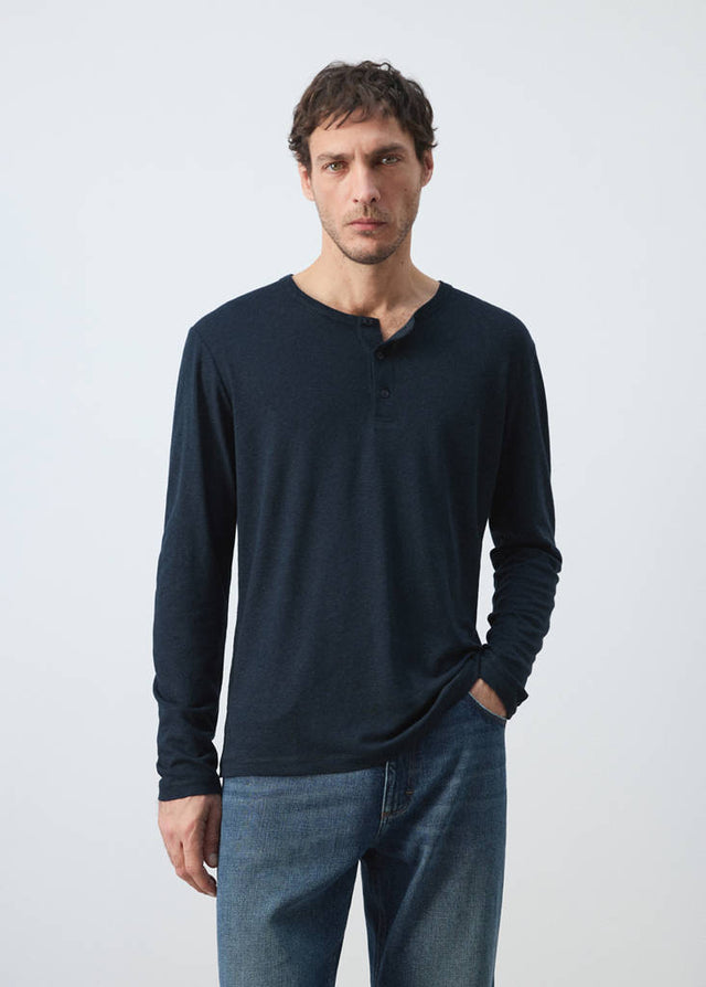 Henley linen-blend T-shirt - Men | MANGO USA