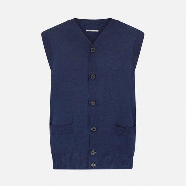 Navy Fine Merino V-Neck Sleeveless Cardigan