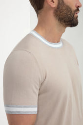 Beige Striped Collar Detail Knitted T Shirt Made In Italy