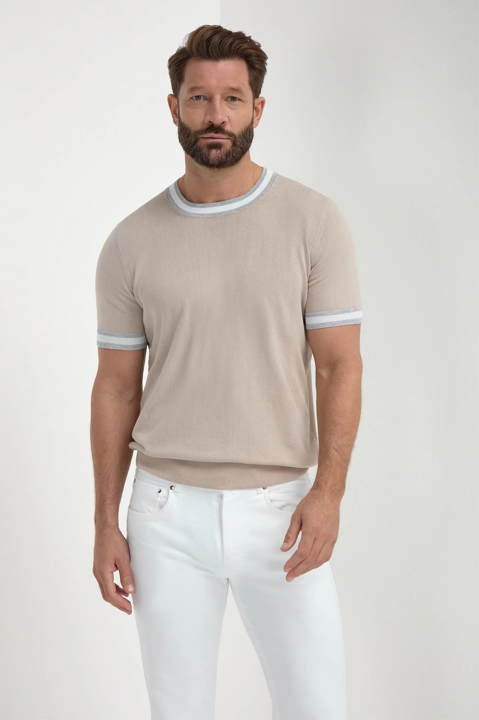 Beige Striped Collar Detail Knitted T Shirt Made In Italy