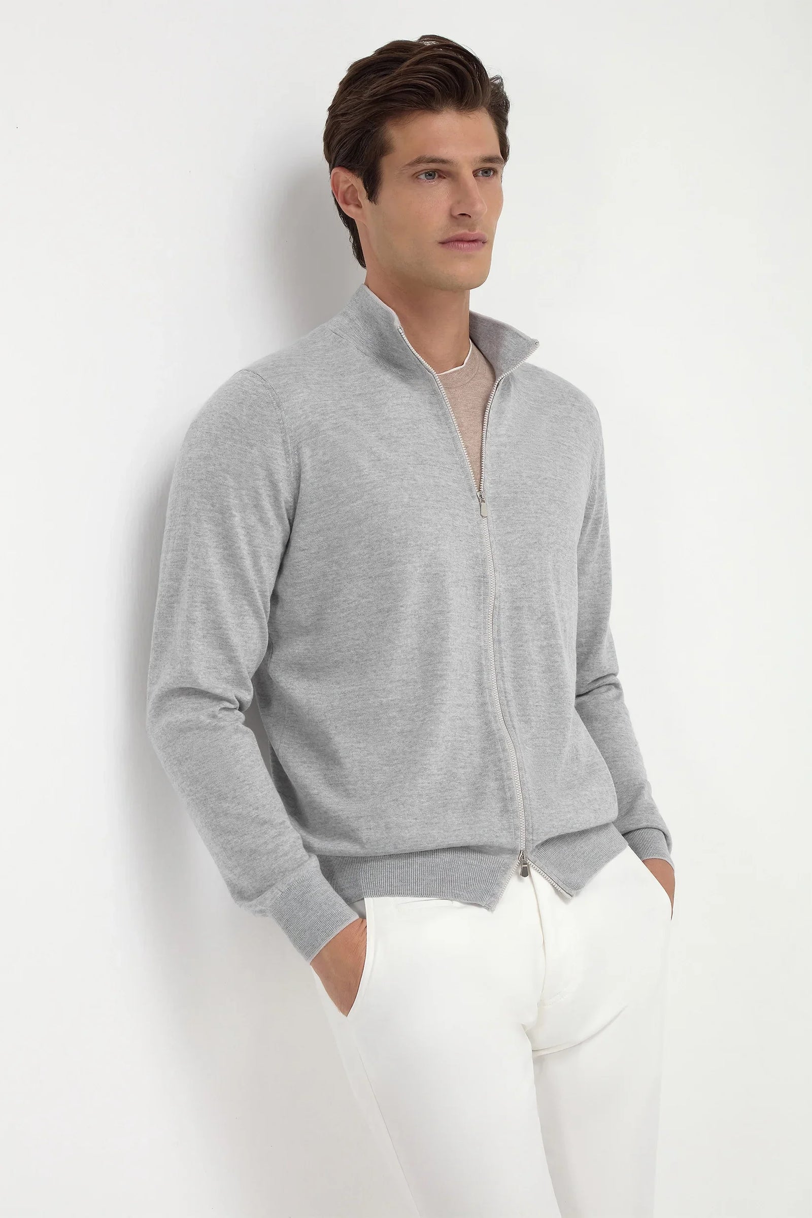Grey Tasmanian Wool Full Zip Cardigan Made In Italy