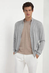 Grey Tasmanian Wool Full Zip Cardigan Made In Italy
