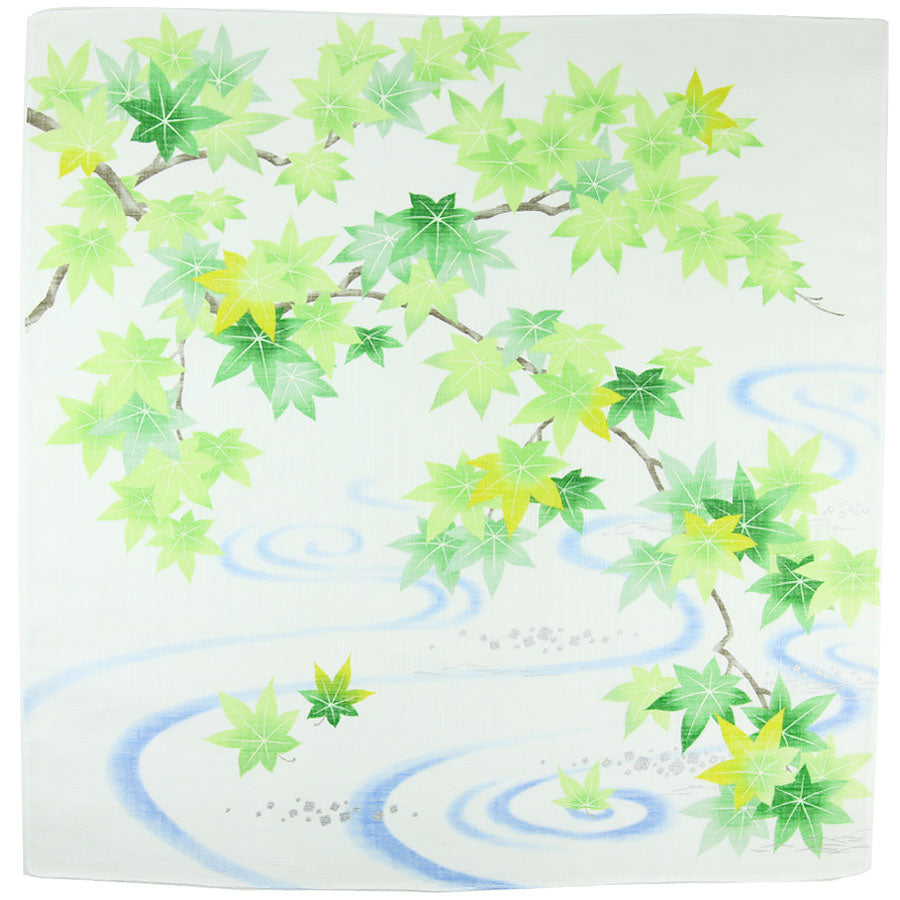 Momiji Leaves Motif Cotton Handkerchief White Green