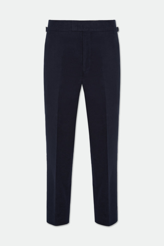 Ned Navy Moleskin Flat Front Straight Leg Trousers
