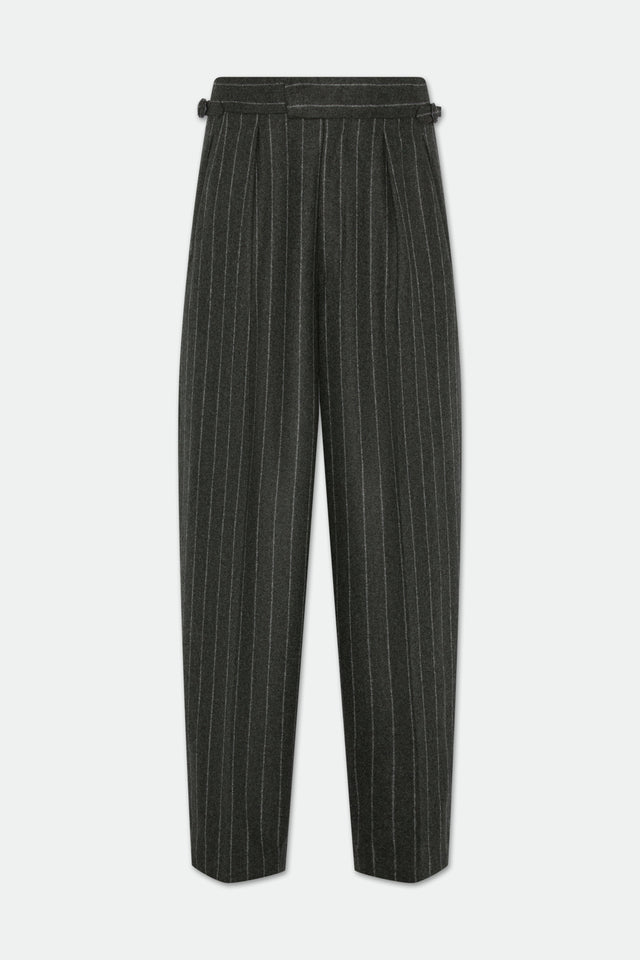 Hannes Green Chalk Stripe Wide Legged Wool Trousers