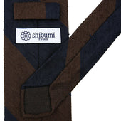 Block Stripe Shantung Silk Tie Brown Hand Rolled