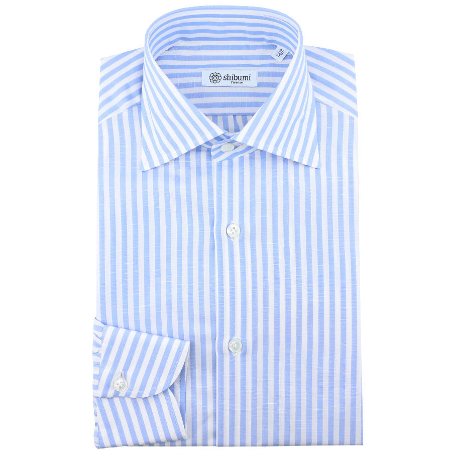 Cotton Linen Semi Spread Shirt Light Butcher Stripe
