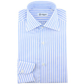 Cotton / Linen Semi Spread Shirt - White / Light Blue - Butcher Stripe