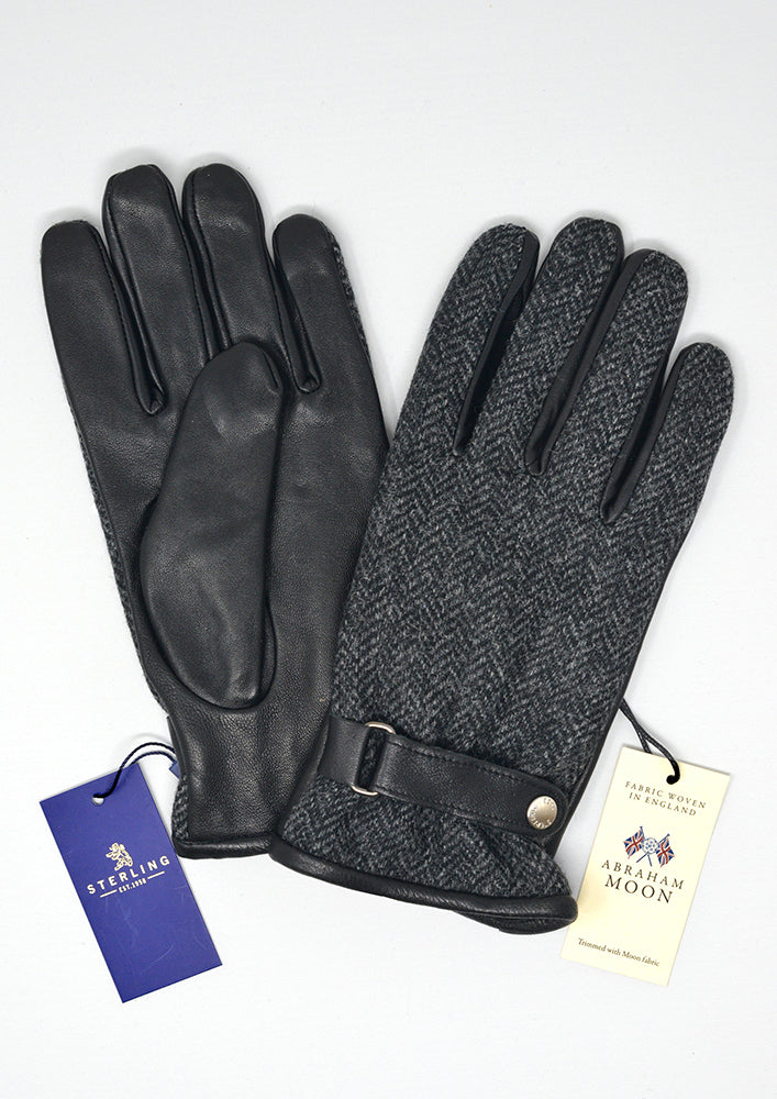 Black Fleece Lined Leather Glove With Tweed Back