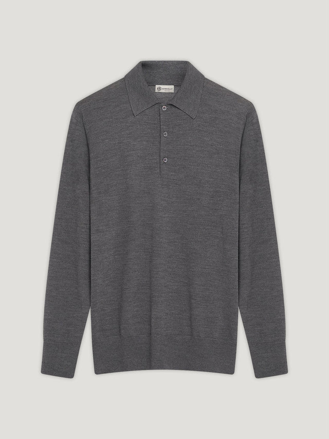 Grey 3 Button Merino Polo Shirt