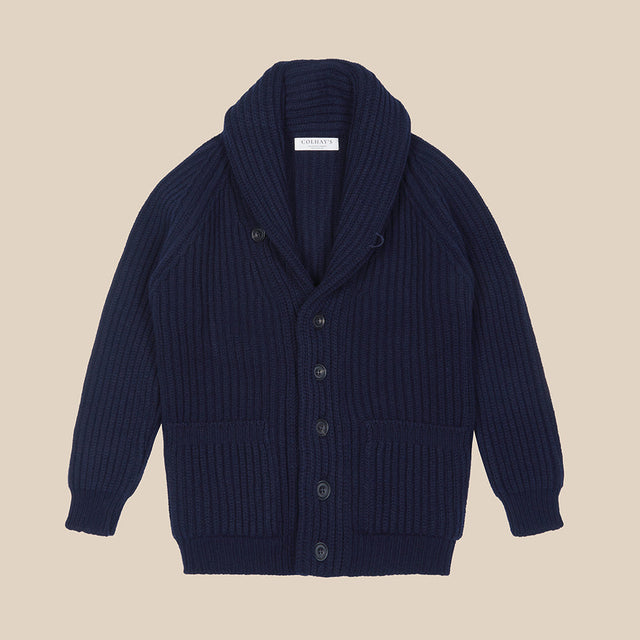 Superfine lambswool shawl collar cardigan in navy