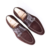 Double Buckle Monk With Norwegian Apron And Croc Suede