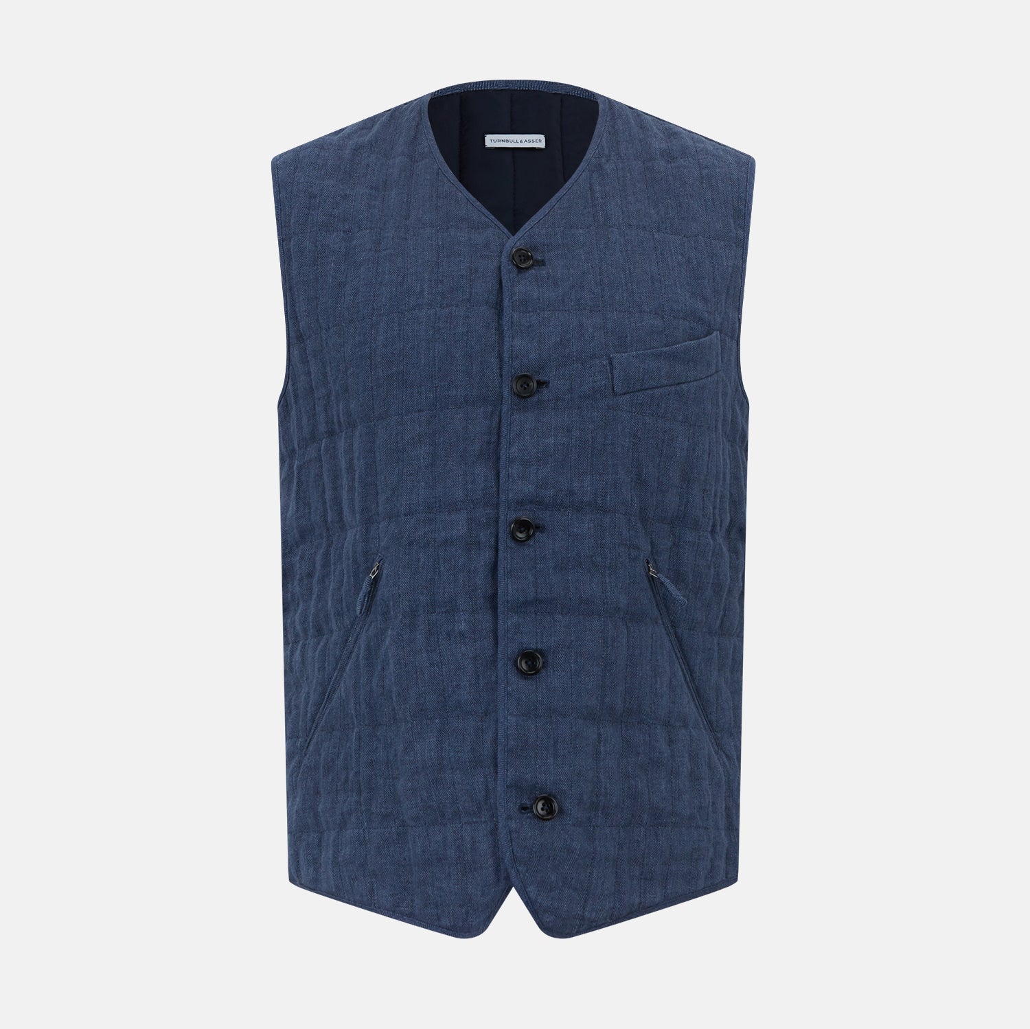 Blue Quilted Linen Herringbone Waistcoat