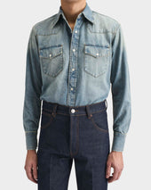 Chemise Western En Denim De Coton Selvedge Bleue D Lav