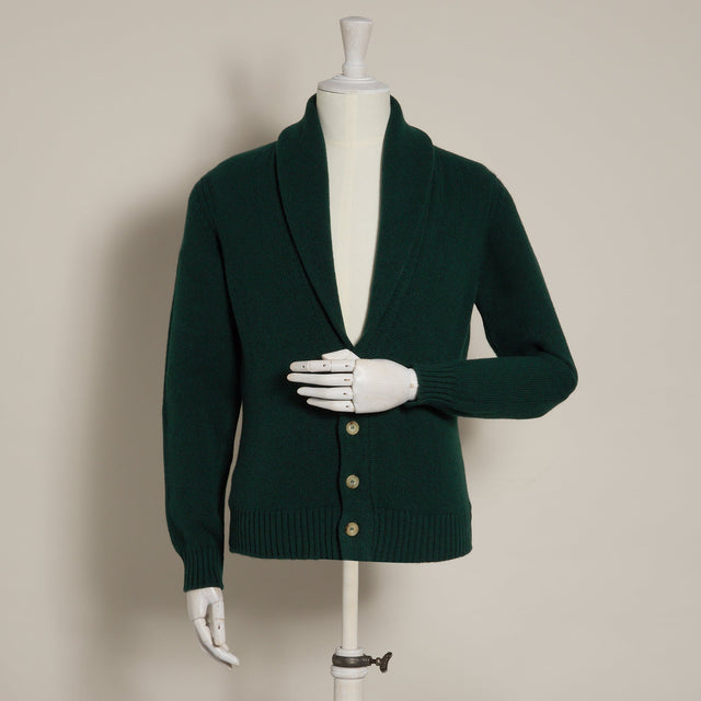 Lambswool Four Button Cardigan With Shawl Collar in Dark Green