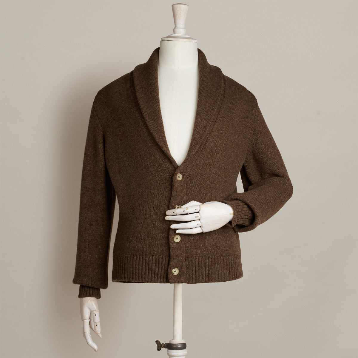Lambswool Four Button Cardigan With Shawl Collar In Mocha