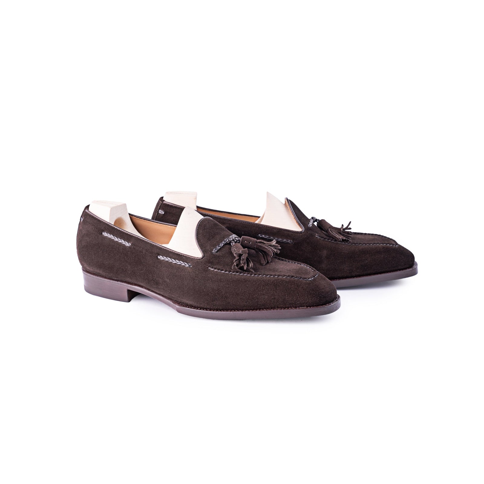 Tassel Loafer With Hand Stitched Apron In Dark Brown Hunting Suede Leather