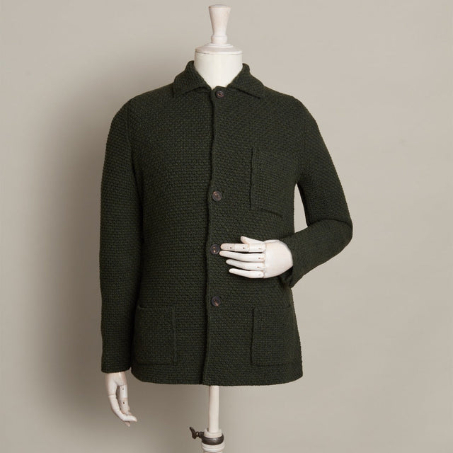 Single Breasted Cashmere and Merino Knitted Jacket In Dark Green