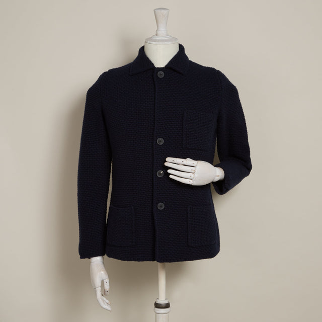 Single Breasted Cashmere And Merino Knitted Jacket In Navy