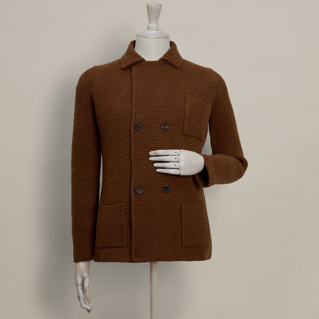 Double Breasted Cashmere and Merino Knitted Jacket In Tobacco
