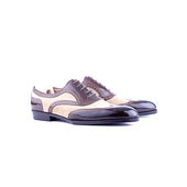 Oxford in leather and canvas, full brogueing, cuban heel