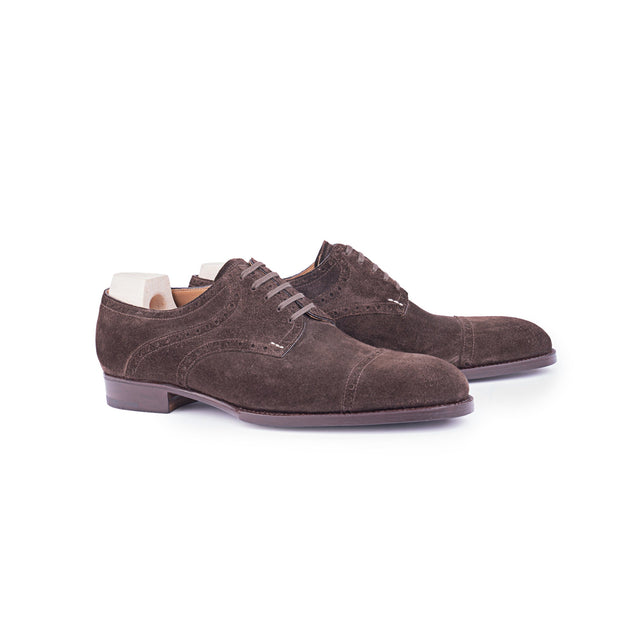 Half brogueSaddle Derby in dark brown suede leather