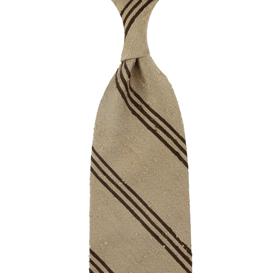 Triple Bar Shantung Silk Tie Beige Brown Hand Rolled