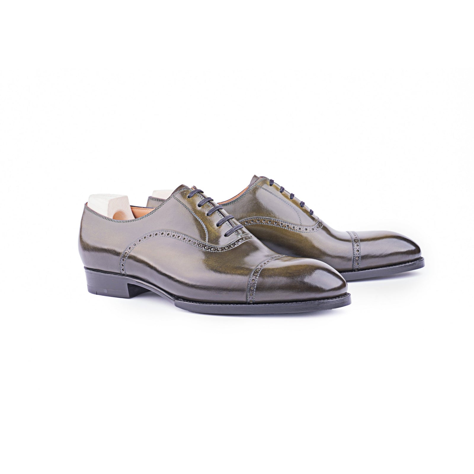 Straight Toe Cap Oxford In Green Crust Calf Leather