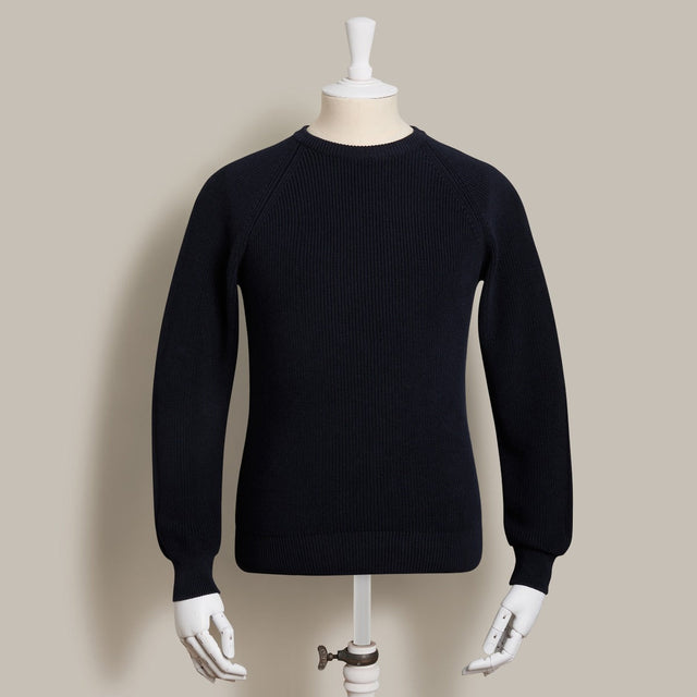 Ribbed Cotton Raglan Sleeved Sweater In Dark Navy