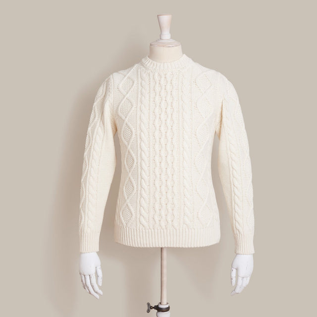 Aran Knit Cashmere Blend Crew Neck Sweater In Cream