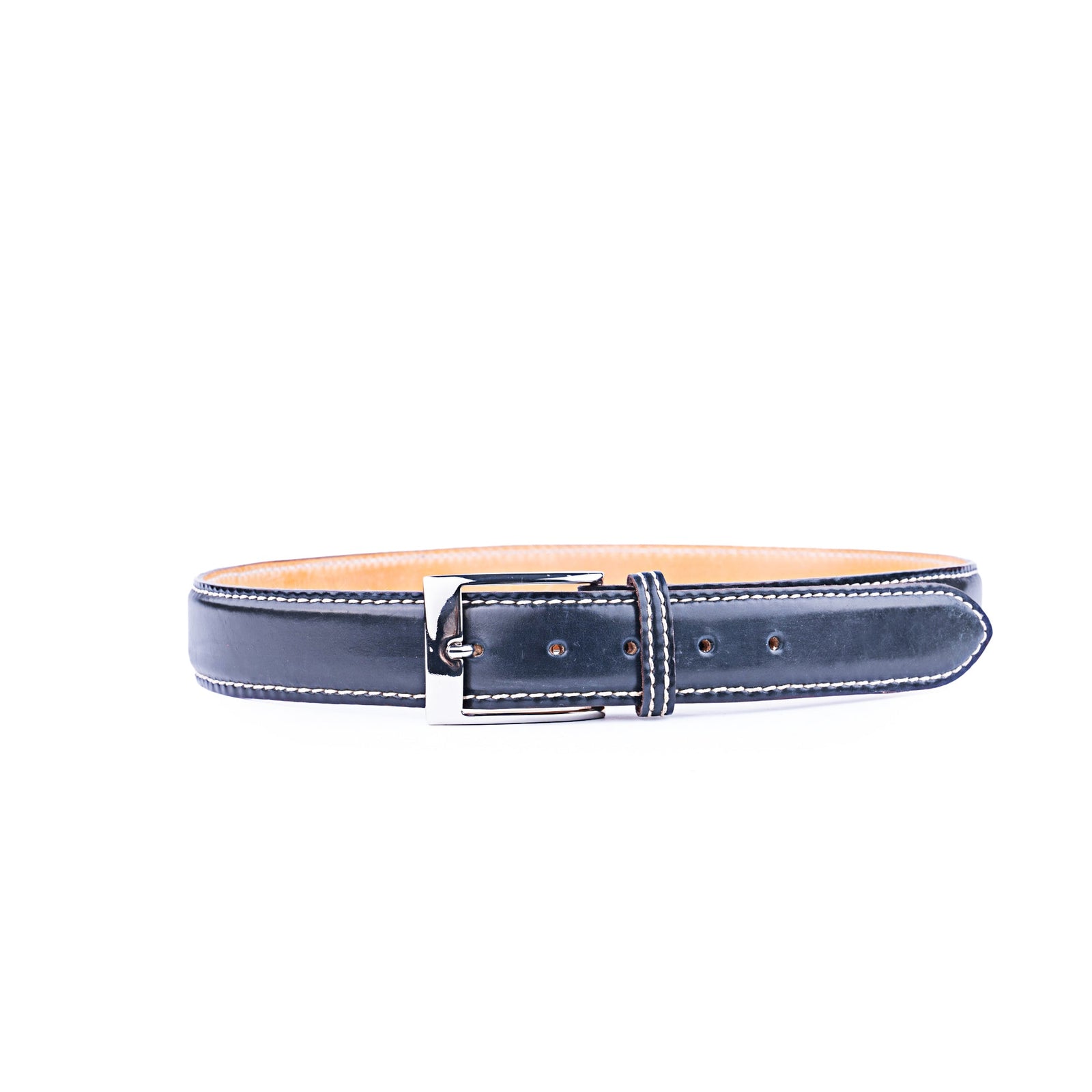 Dark Blue Cordovan Leather Nickle Buckle Belt With Hand Stitched Edge