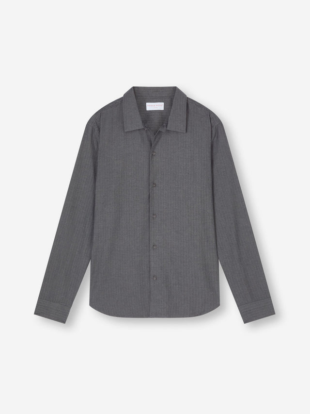 Men's Flannel Overshirt Balmoral Brushed Cotton Charcoal Gray Herringbone