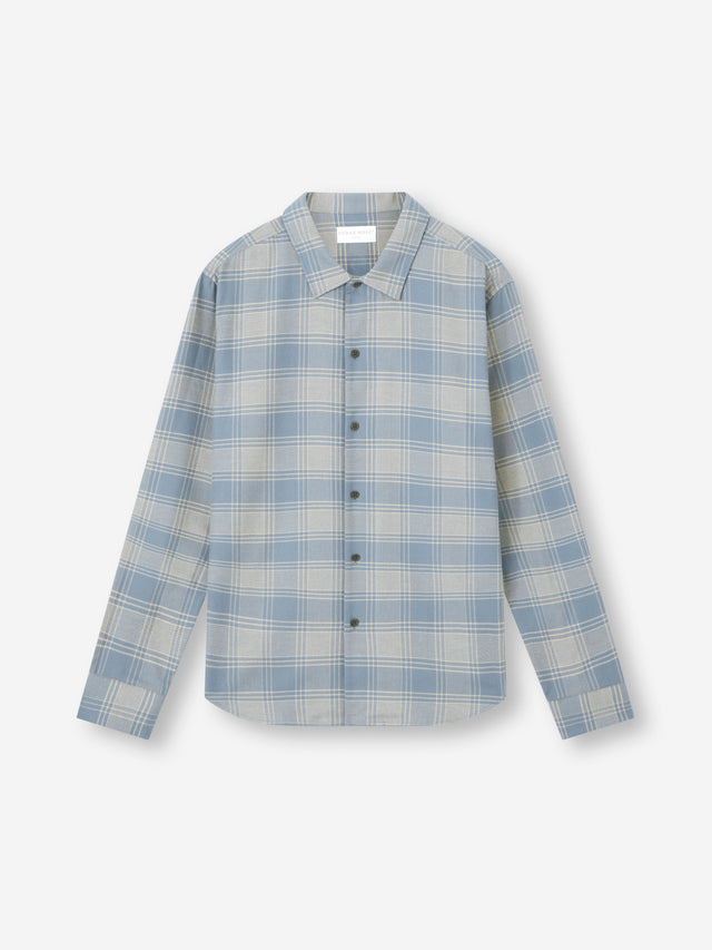 Men's Flannel Overshirt Kelburn Brushed Cotton Storm Blue & Ecru Check