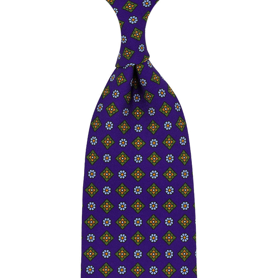 Floral Printed Silk Tie Royal Purple Hand Rolled