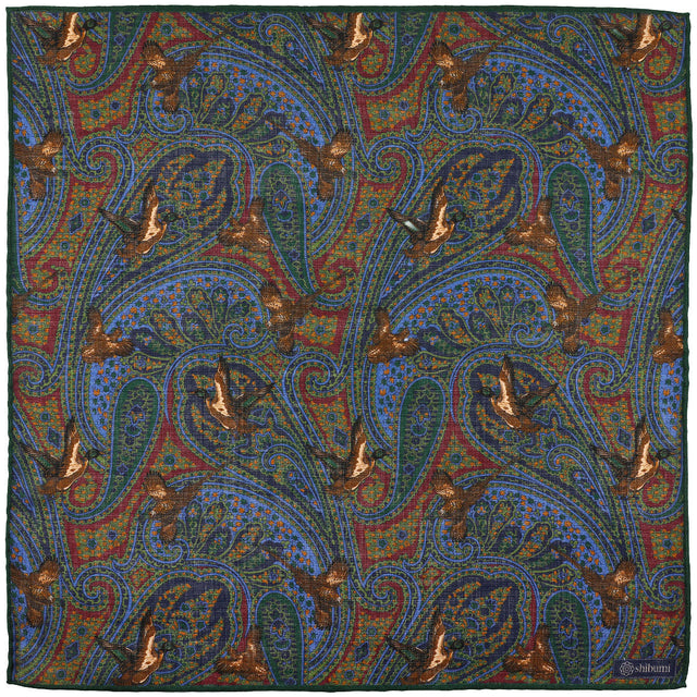 Paisley Motif Wool / Silk Pocket Square - Forest - 40x40cm