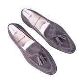 Tassel Loafer With Hand Stitched Apron In Dark Brown Suede Leather