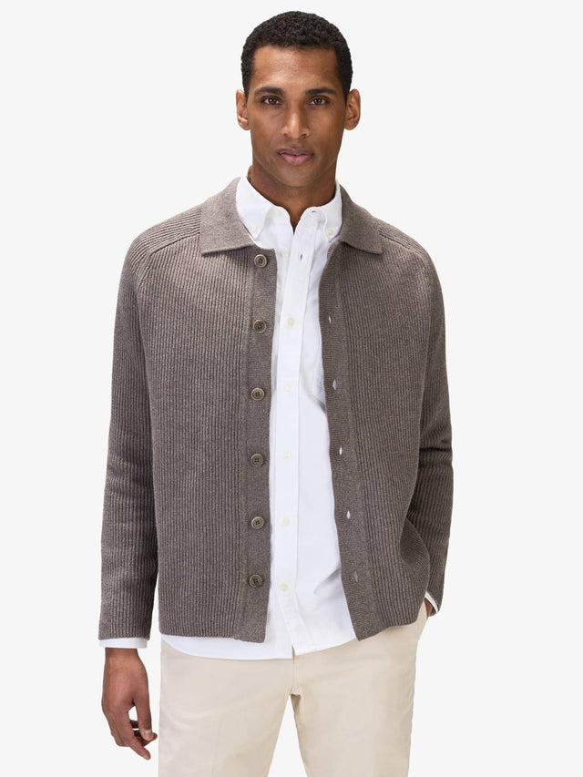 Taupe Cotton Rib Knitted Relaxed Fit Cardigan