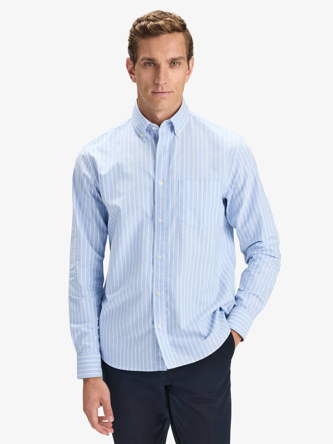 Blue & White Cotton Striped Casual Fit Oxford Shirt