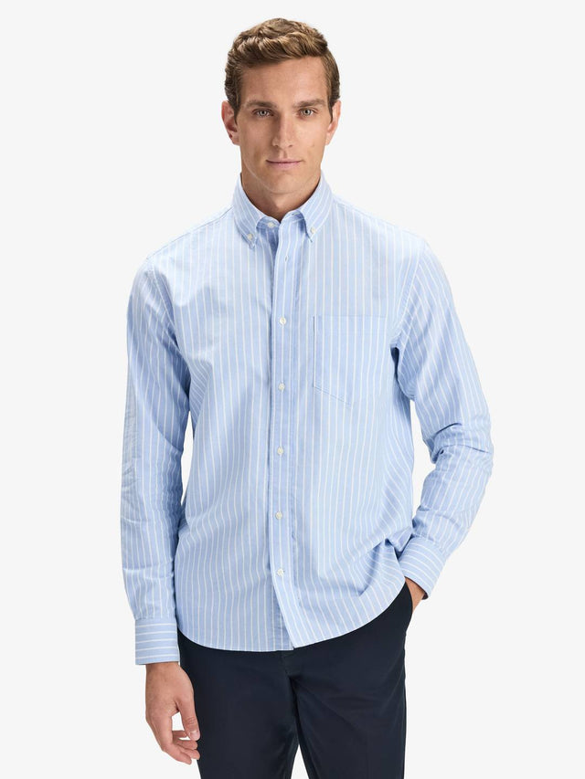 Blue & White Cotton Striped Casual Fit Oxford Shirt