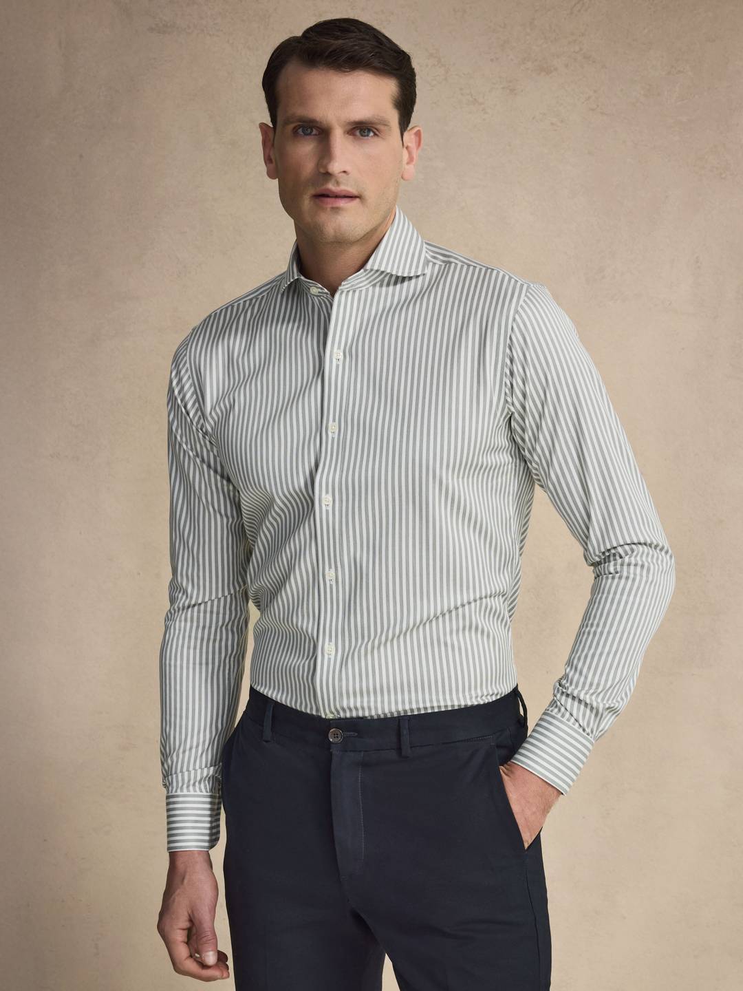 Green Cotton Striped Stretch Shirt