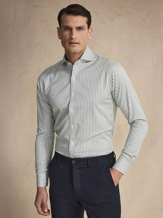 Green Cotton Striped Stretch Shirt