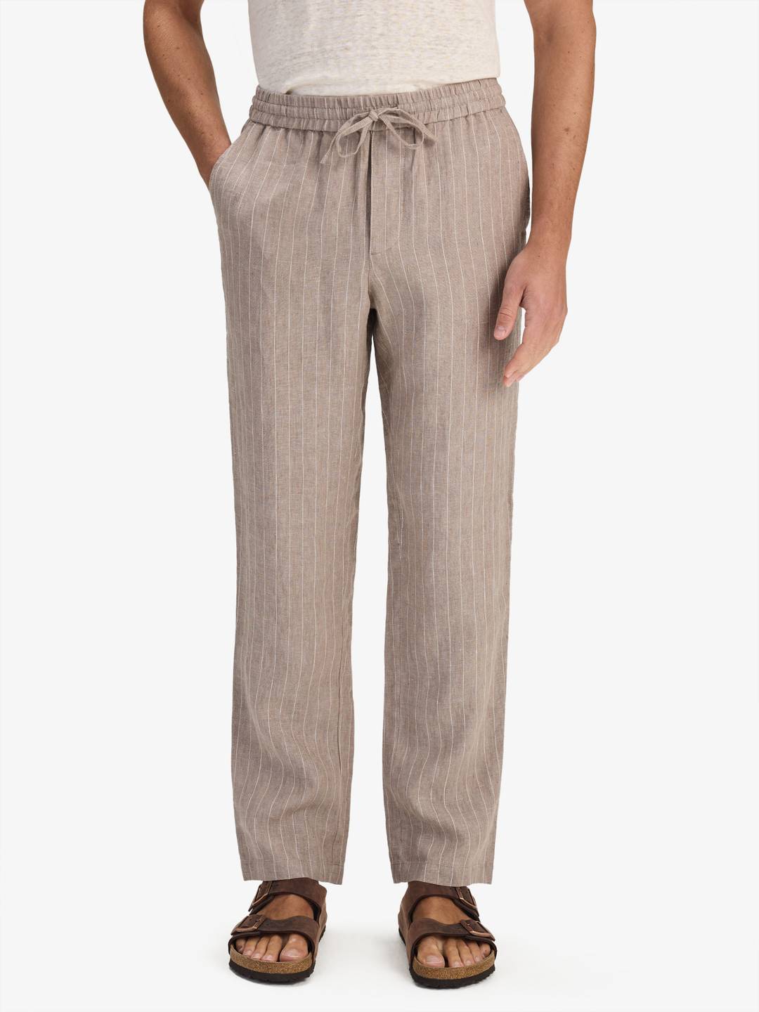 Pinstriped Drawstring Relaxed Fit Trousers Linen