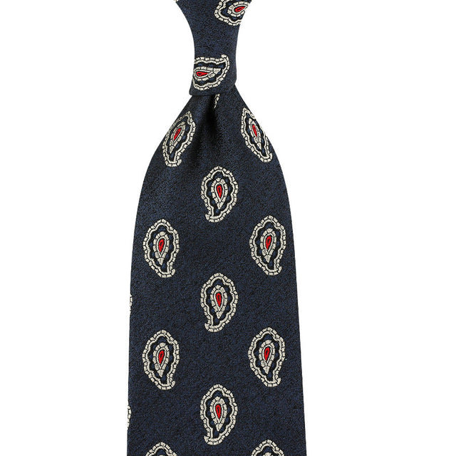 Paisley Jacquard Silk Tie - Navy - Hand-Rolled