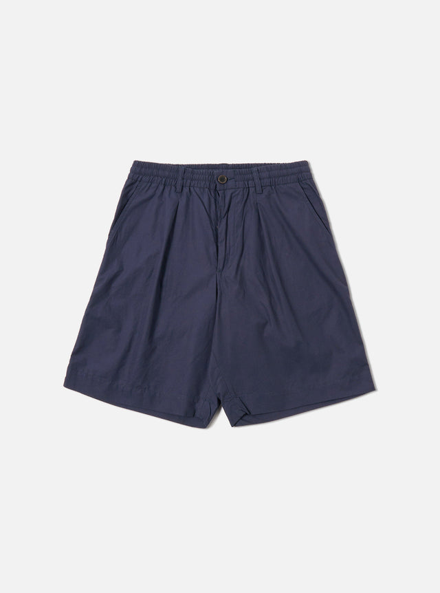 Navy Peached Poplin Pleated Track Short