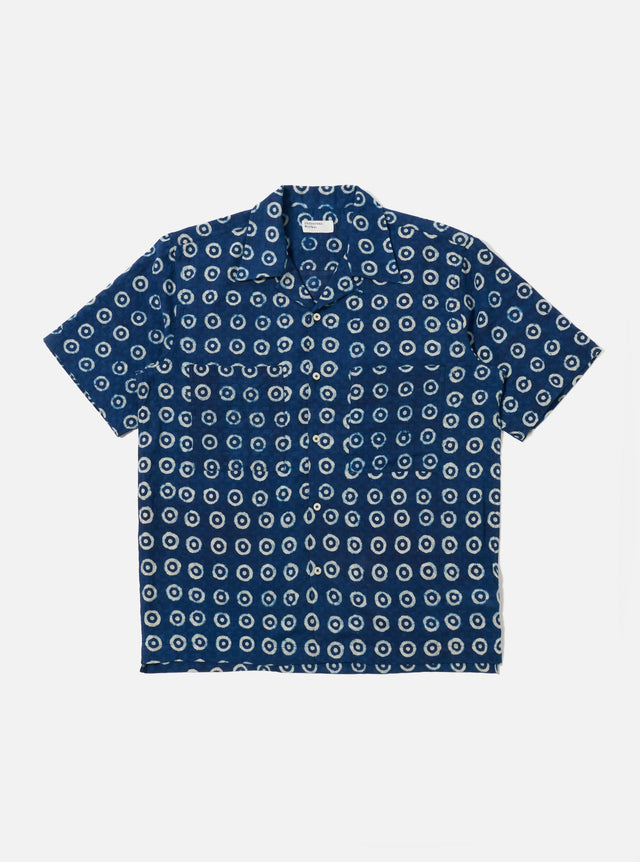 Indigo Block Print Circles Camper Shirt