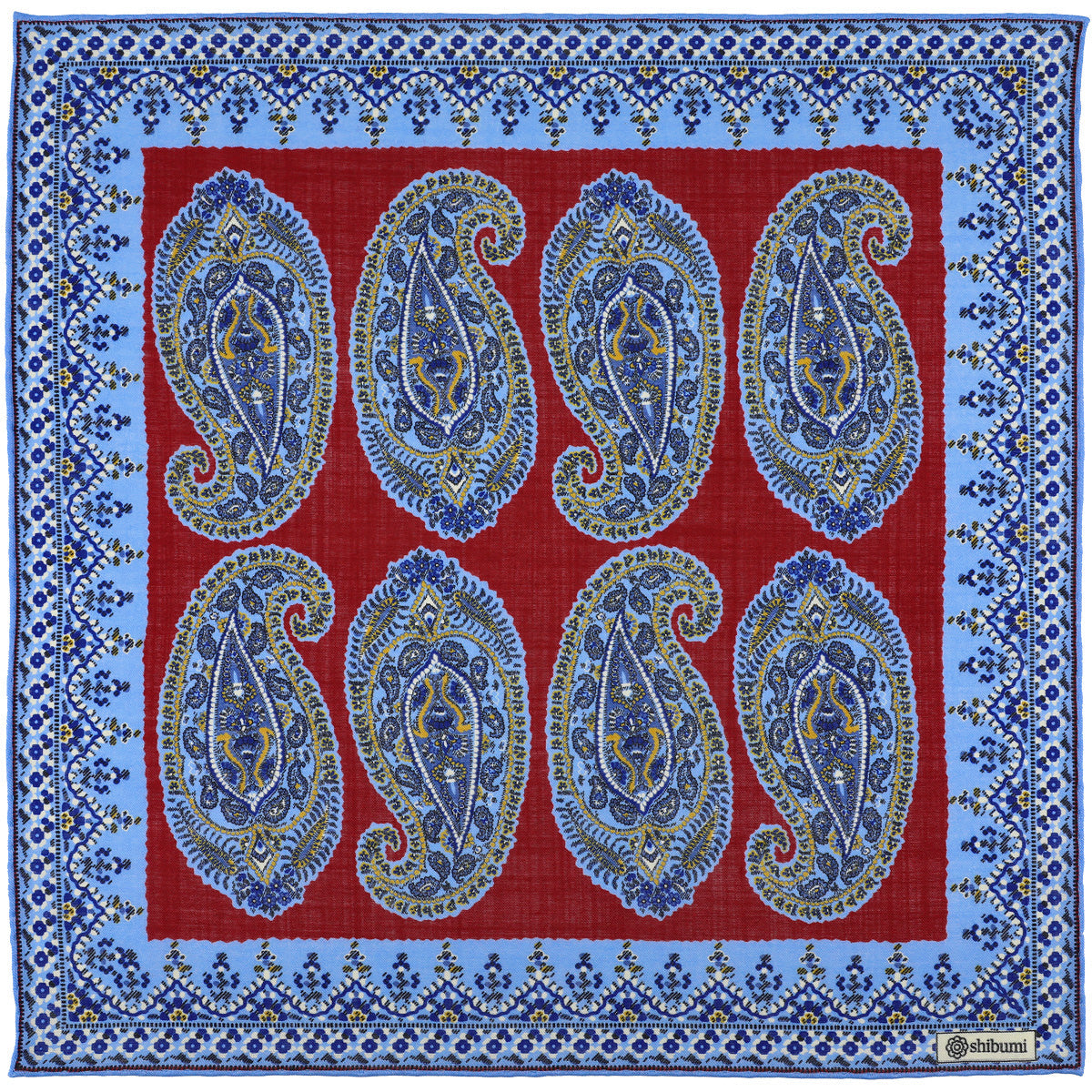 Paisley Motif Wool Silk Pocket Square Red 40x40cm
