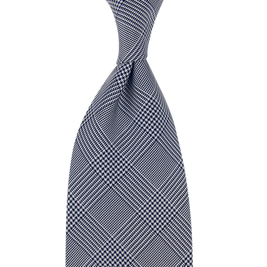 Glencheck Woven Silk Tie White Hand Rolled
