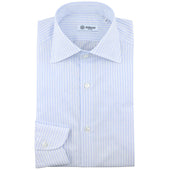 Cotton / Linen Semi Spread Shirt - White / Light Blue - Ticking Stripe